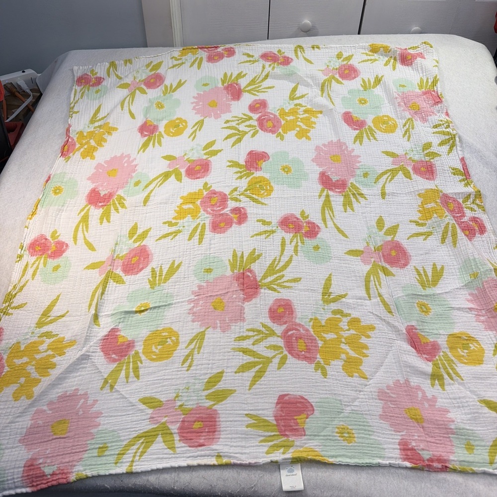 Cloud Island Pink Green Yellow Floral 45x42 Baby Blanket Muslin Cotton Swaddle